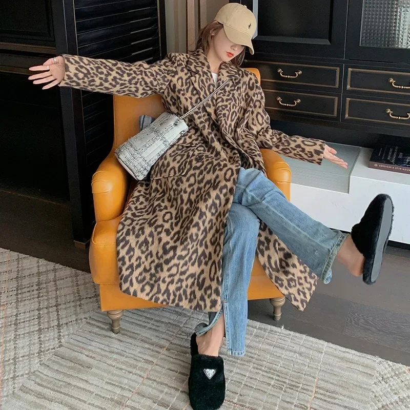 2023 Spring Women Woolen Coat Classic Leopard Print Loose Style Long Sleeve Women Fashion Longl Coat Casaco Feminino