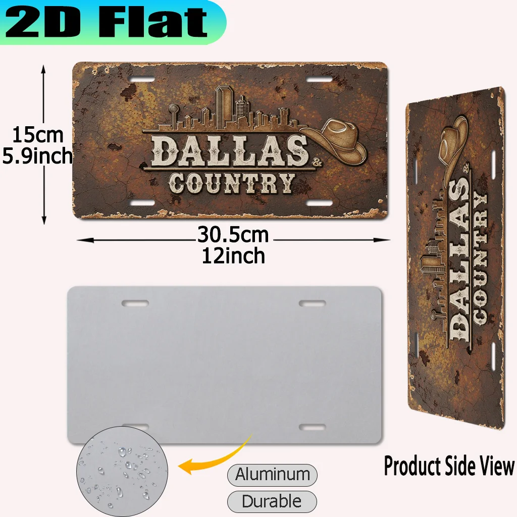 2D Flat Dallas & Country Cowboy Hat City Skyline Vintage License Plate Style Aluminum Metal Painting Wall Decor for Western Home