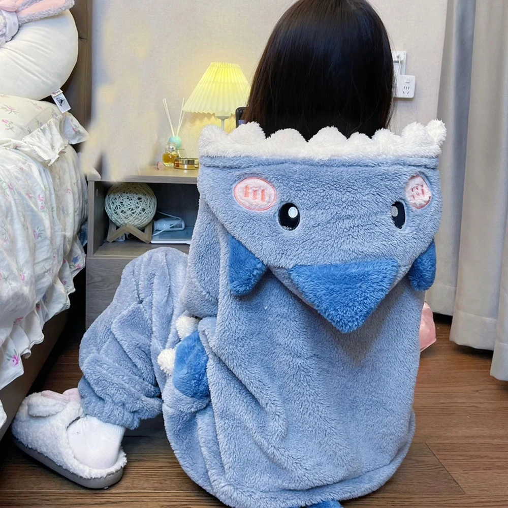 Piyama One-piece hiu biru kostum Cosplay kartun Anime baju tidur bertudung hangat bulu karang musim dingin Onesies tebal ritsleting penuh