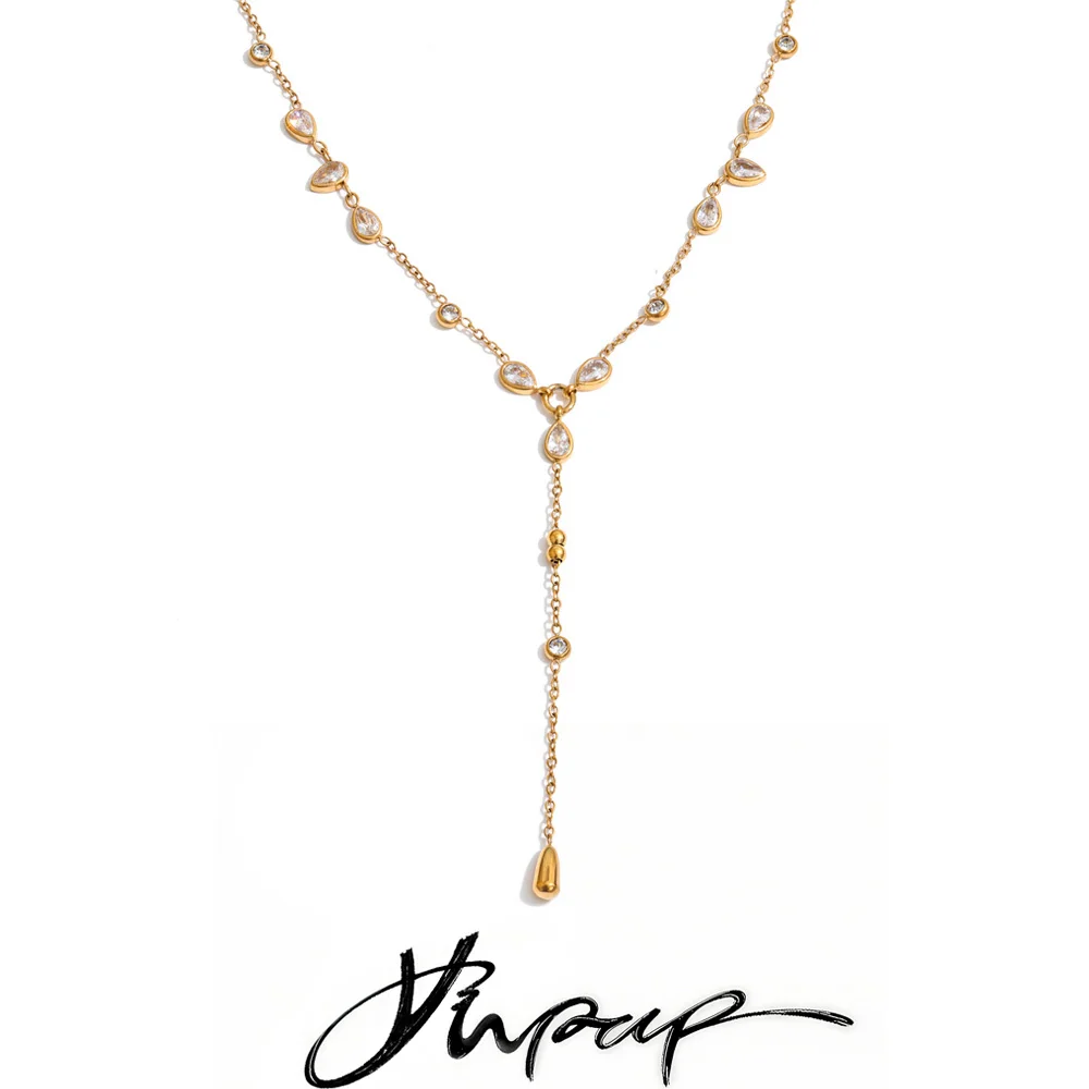 Yhpup Shiny Cubic Zirconia Y Chain Drop Necklace High Quality Stainless Steel Temperament Collar Necklace Gift