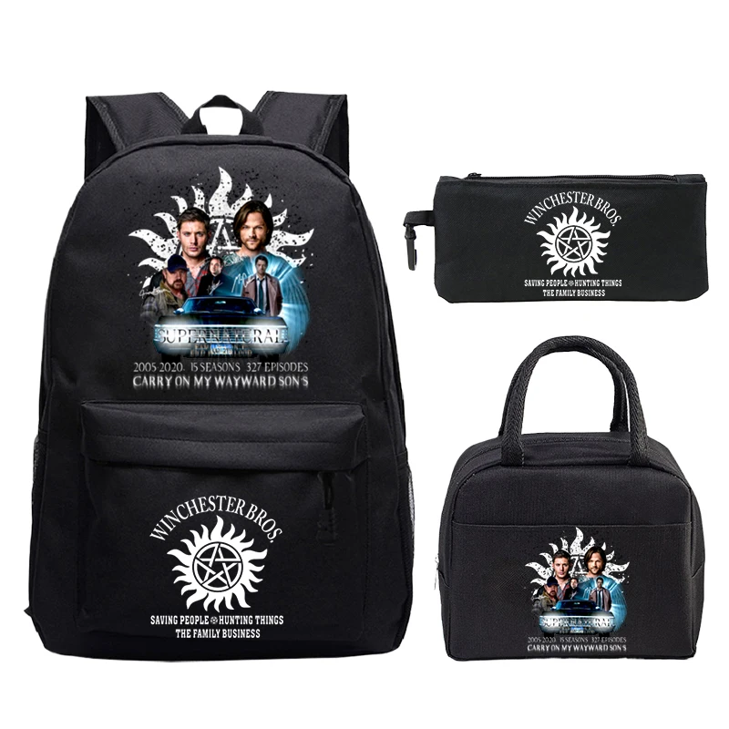 3Pcs Supernatural Print Backpack Set With Lunch Bag,Pencil Case Lightweight Outdoor Bookbag TV SPN Cartoon Boys Girls Schoolbag