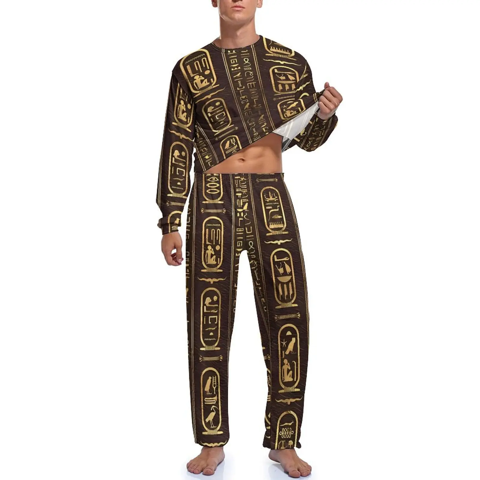 Antigo arte egípcia ouro pijamas outono duas peças kawaii conjuntos de pijama homem manga longa estética impresso casa terno