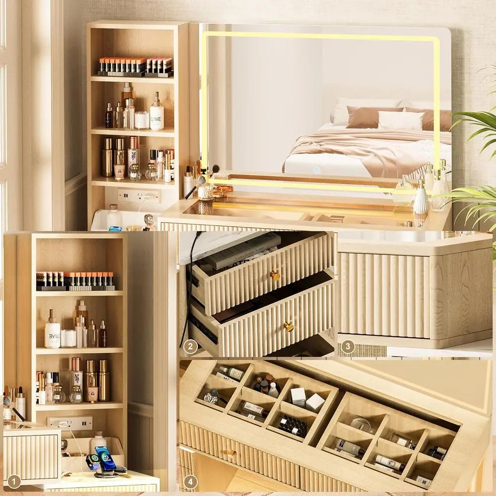 Bureau de maquillage en chêne avec 32 miroirs lumineux, plateau en verre, 3 lumières, design incurvé, 5 tiroirs, ensemble de coiffeuse de chambre moderne