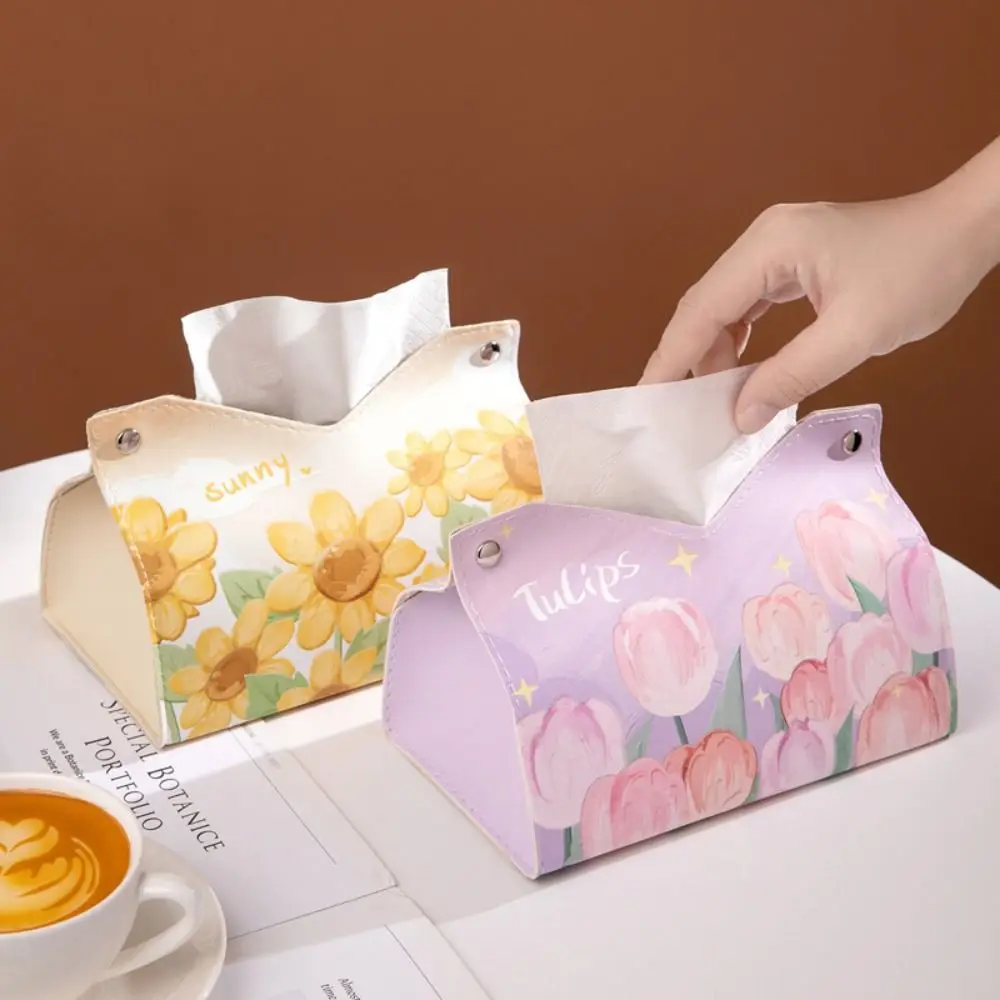 High Quality Oil Painting Tissue Case with Buttons Smooth Napkin Holder Leather Printing Paper Towel Box Home