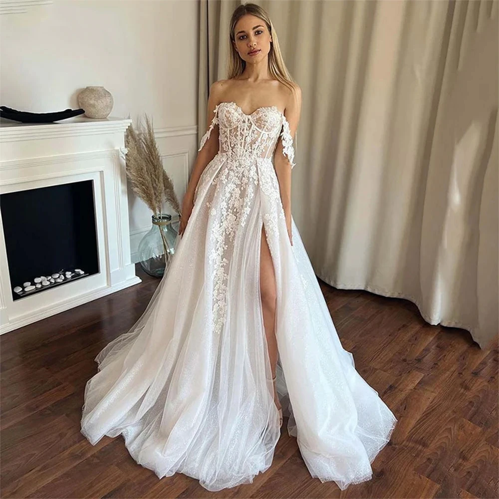 Vestido de novia de encaje sin tirantes con hombros descubiertos, traje de princesa con Espalda descubierta, apliques de línea a