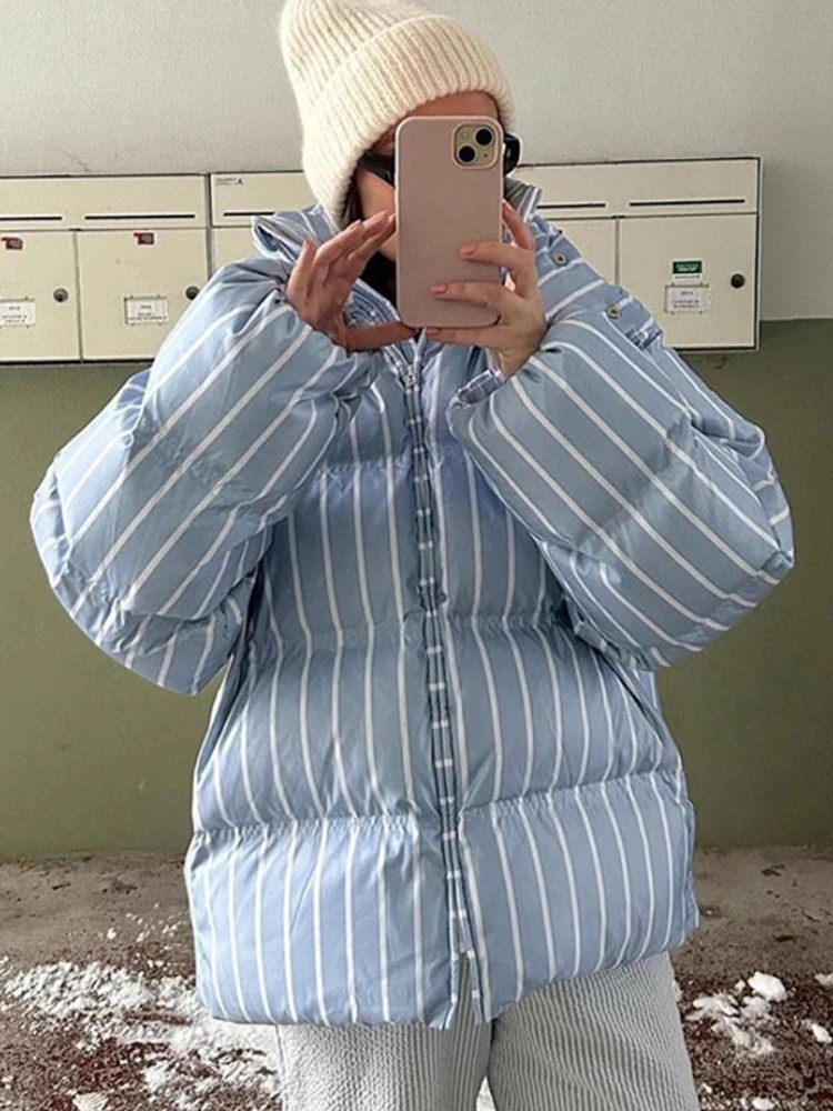 سترات نسائية شتوية مخططة بقلنسوة وأكمام طويلة مرقعة للتنقل ملابس خروج دافئة سترات نسائية عتيقة ملابس خارجية #3