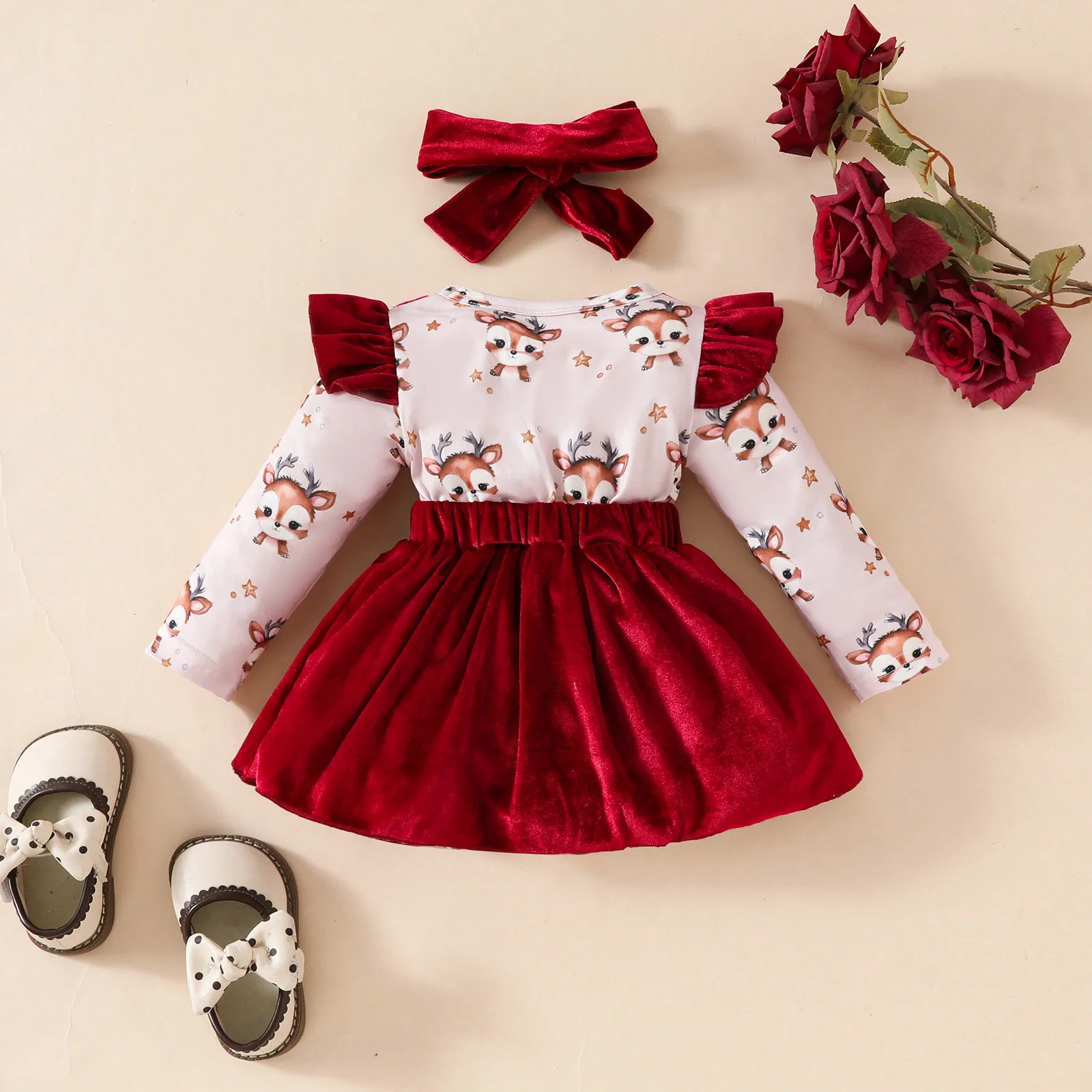 Newborn Baby Girl Christmas Outfits Reindeer Print Long Sleeve Romper with Overalls Skirt and Headband 3 Pcs Sets For Autumn