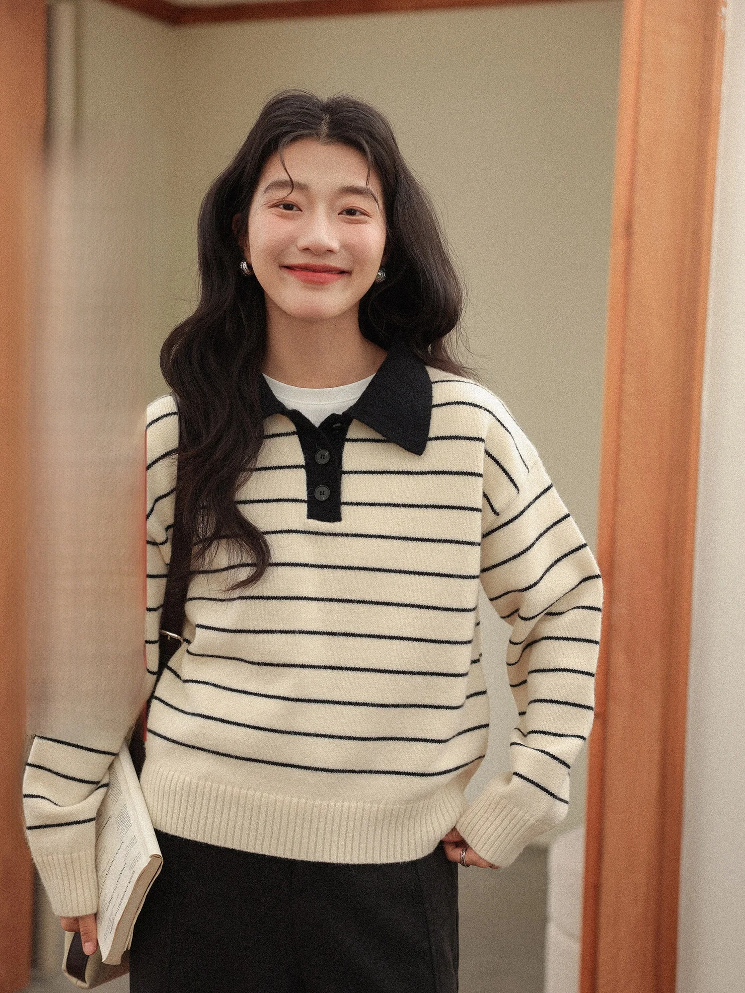 

Women's Thiened Collar Striped Sweater Casual Comfortable Korean Sle Winter Faionable All-Match Long Sve Top