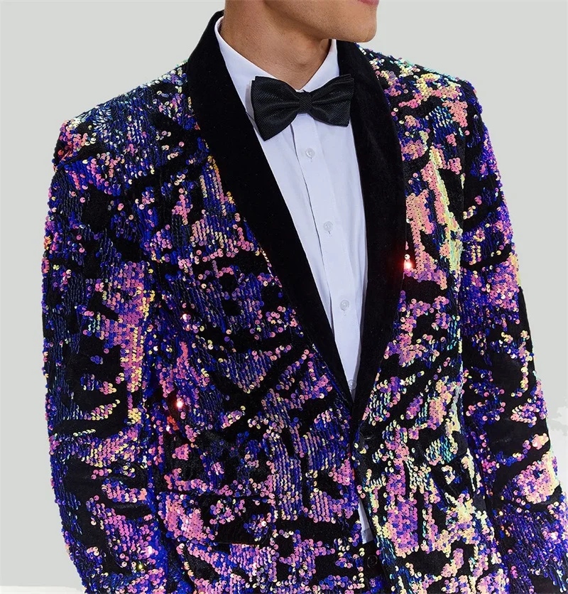 Luxo Sequins Formal Prom Homens Ternos Set Blazer Casamento Smoking 2 Peças Casaco + Calças Vestido Jaqueta Custom Made Escritório Traje Masculino