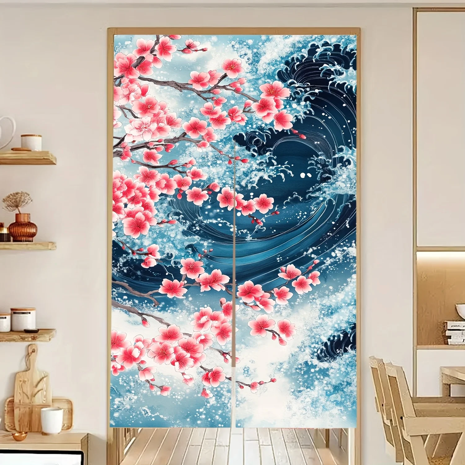 1 قطعة ستارة المدخل ساكورا بريز نورين ، تصميم أزهار الكرز عاصف السماء ، نمط آرت ديكو ، نسج الساتين من الكتان الصناعي #1