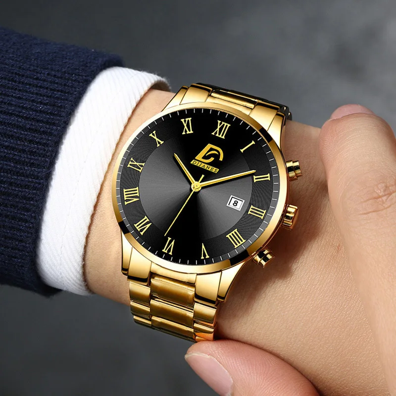 6P/Set Conjunto de relógio de quartzo de aço inoxidável dourado para homens, conjunto de relógio de moda casual de negócios dourado para homens