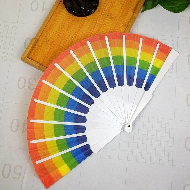 Practical New Plastic Hand-held Folding Fan Rainbow Silk Fabric Pocket Fan Creative For Parties Dancers Home Decor