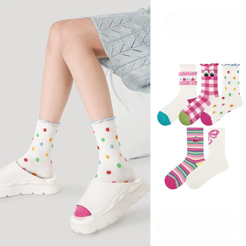 

【5 Pairs】Medium Tube Socks Women's Spring Cute Cherry Dopamine Girl Stripes