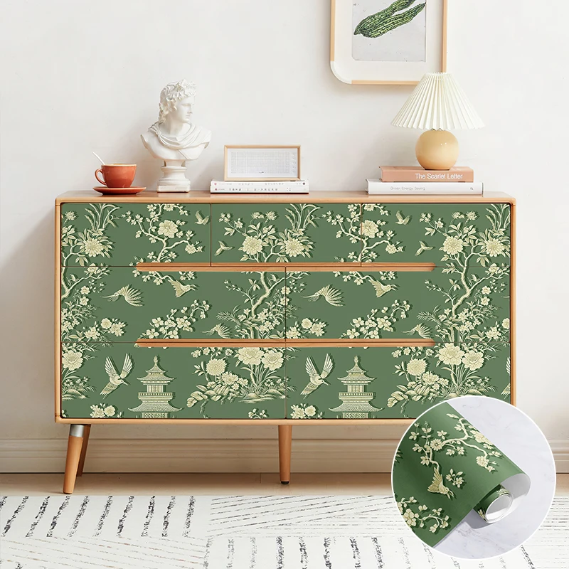 Retro Green Home Decor Removable Wallpaper Floral Peel And Stick Cabinet Stickers Kitchen Living Room Decoration PVC Wallpaper