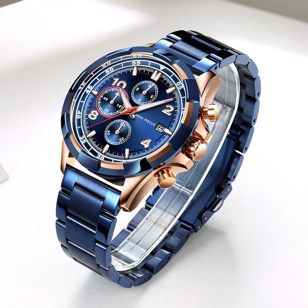MINI FOCUS 0198 relojes de cuarzo para hombre, cronógrafo de moda luminoso, resistente al agua, reloj de negocios de acero inoxidable para hombre, reloj para hombre