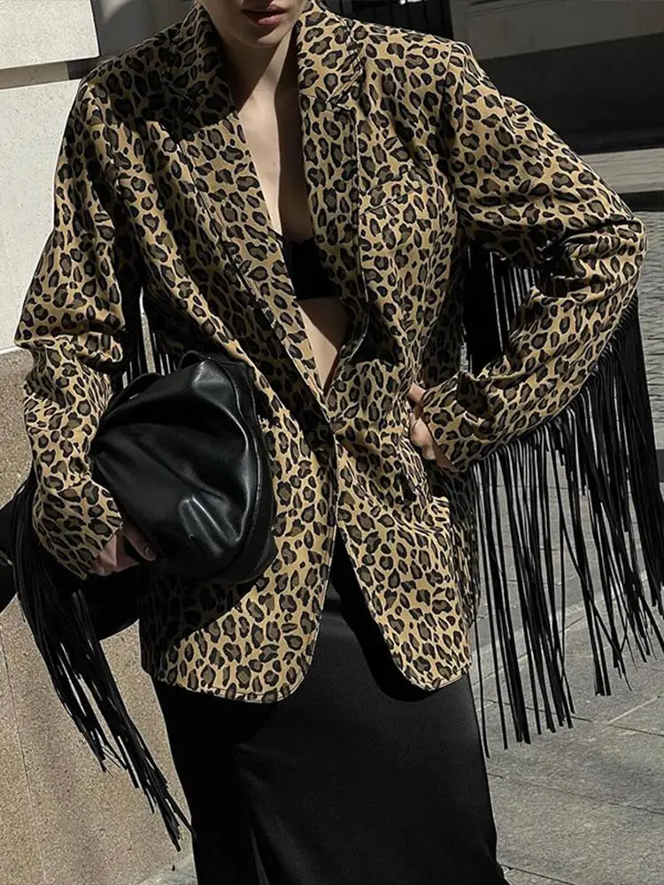 

2024 New Leopard Print Tassel Patchwork Jacket Women Fashion Lapel Single Breasted Long Sleeve Coat Lady Vintage Street Coats