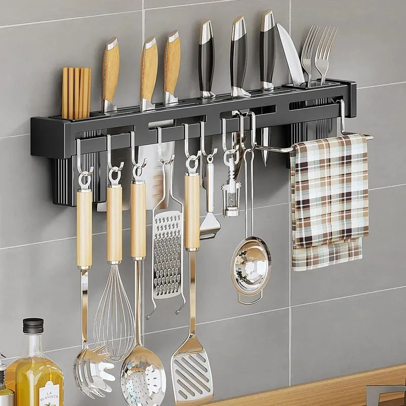 Stainless Steel Frame Wall Mounted Knife Holder Kitchen Nail Free Storage Rack Knife With Hook Kitchen Cabinet Storage Rack