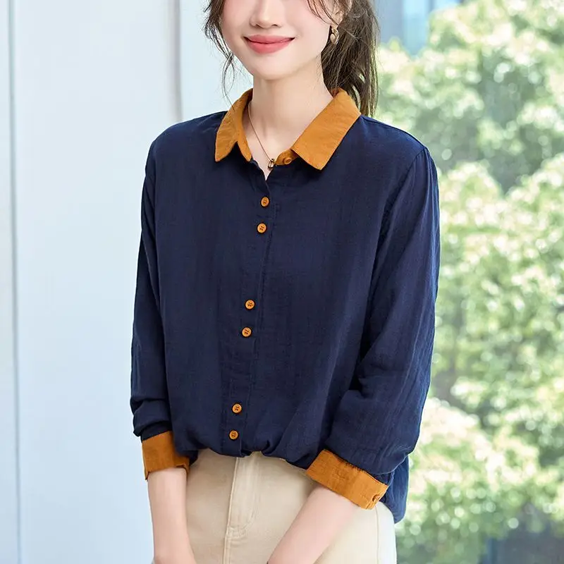 

Women's Vintage Contrast Collar Shirt - Navy Double Gauze Long Sleeve Loose Fit Blouse