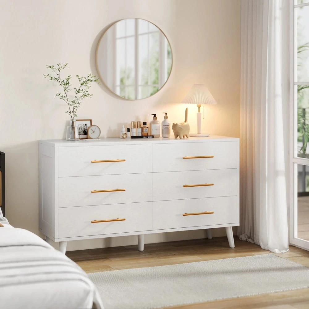 

6 Drawer Dresser, Gold Metal Handle, Double Layer Wooden Storage Cabinet for Bedroom Living Room, White