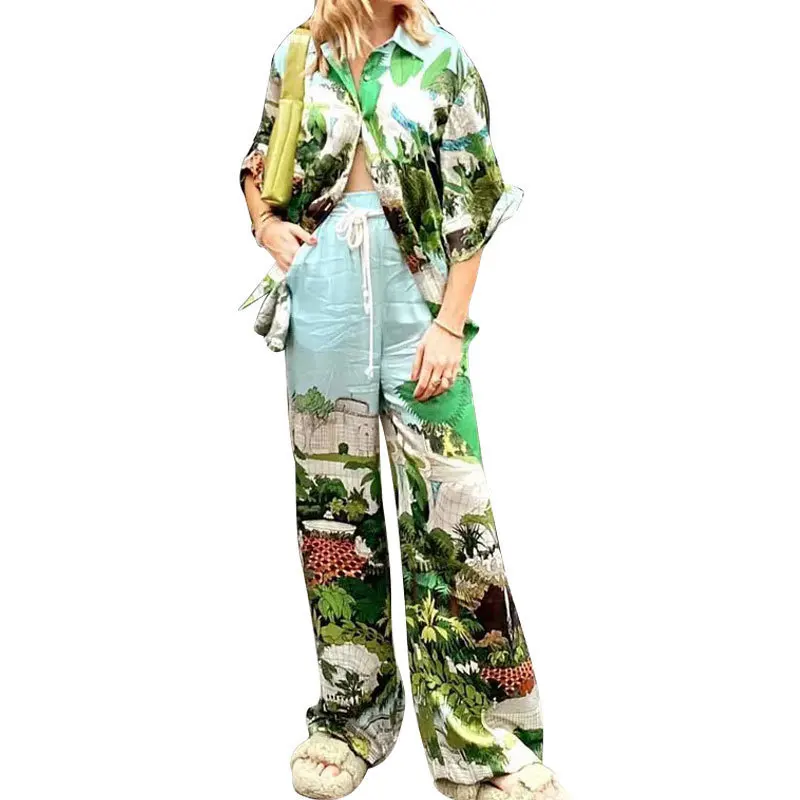 2024 Summer New Women\'s Printed Short-Sleeve Pants Suit, Summer Long Pants Women\'s Vacation Beach Leisure Suit