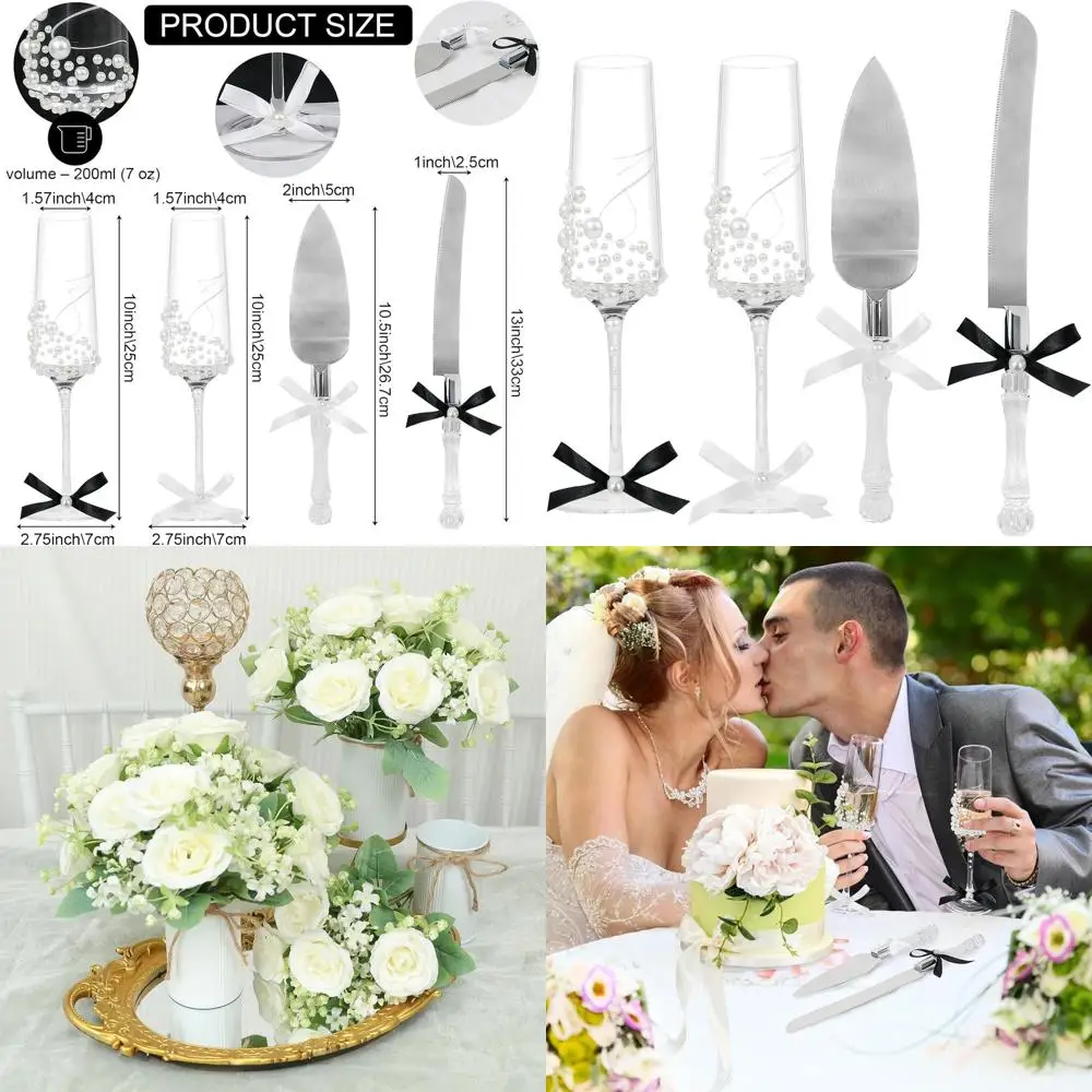 

Элегантный набор из 3-4 бокалов для тостов и лопатки для торта цвета слоновой кости для помолвки или пар.