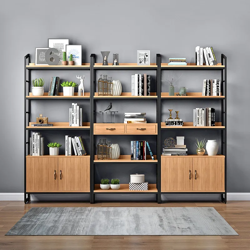Solid wood simple bookcase bookshelf shelf wrought iron American retro floor bookcase storage living room baffle display rack