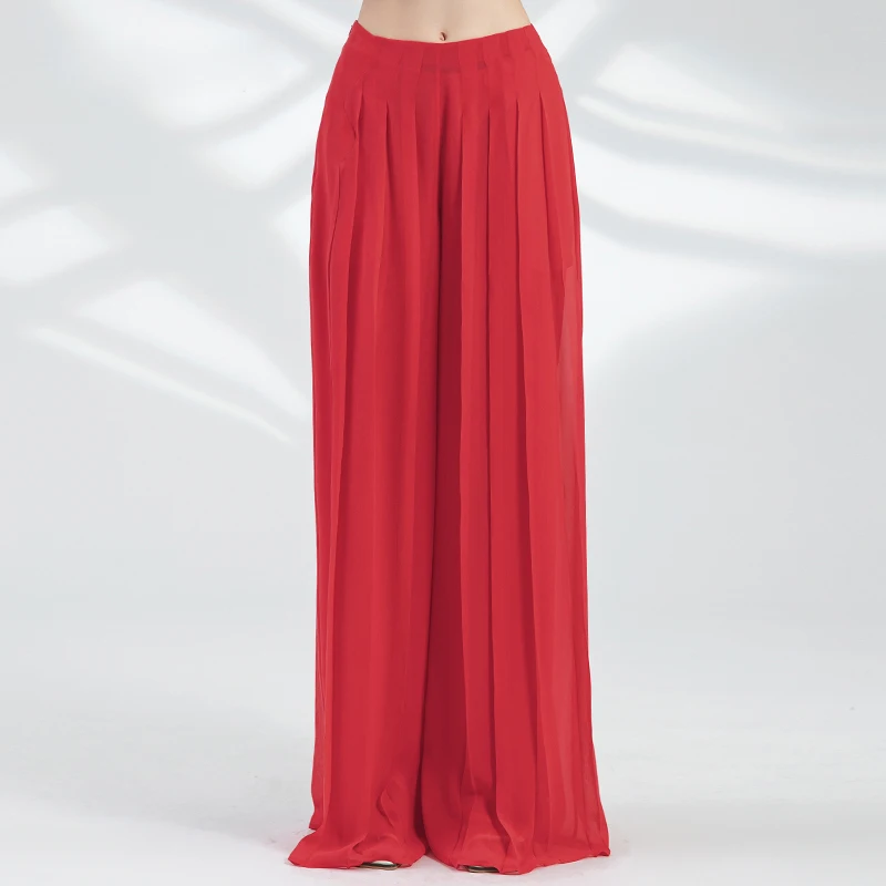 Double-layer Georgette Silk Natural Waist Side Pockets Red Breathable Sunscreen Pleated Long Culottes Summer Woman Pants KY077