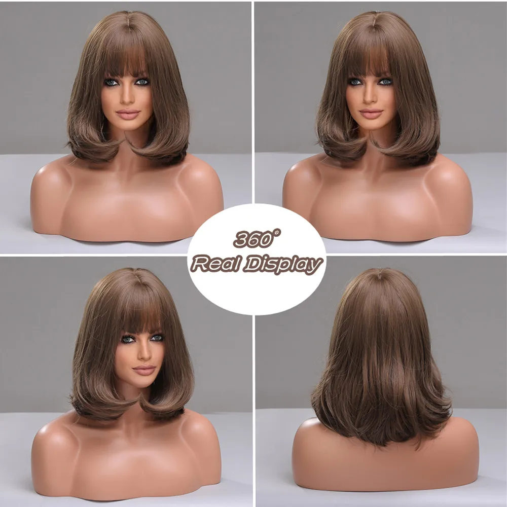 ALAN EATON Brown Short Hair Wig With Bangs Straight Synthetic Wig for Women Natural Looking Daily Fake Hair Heat Resistant Fiber