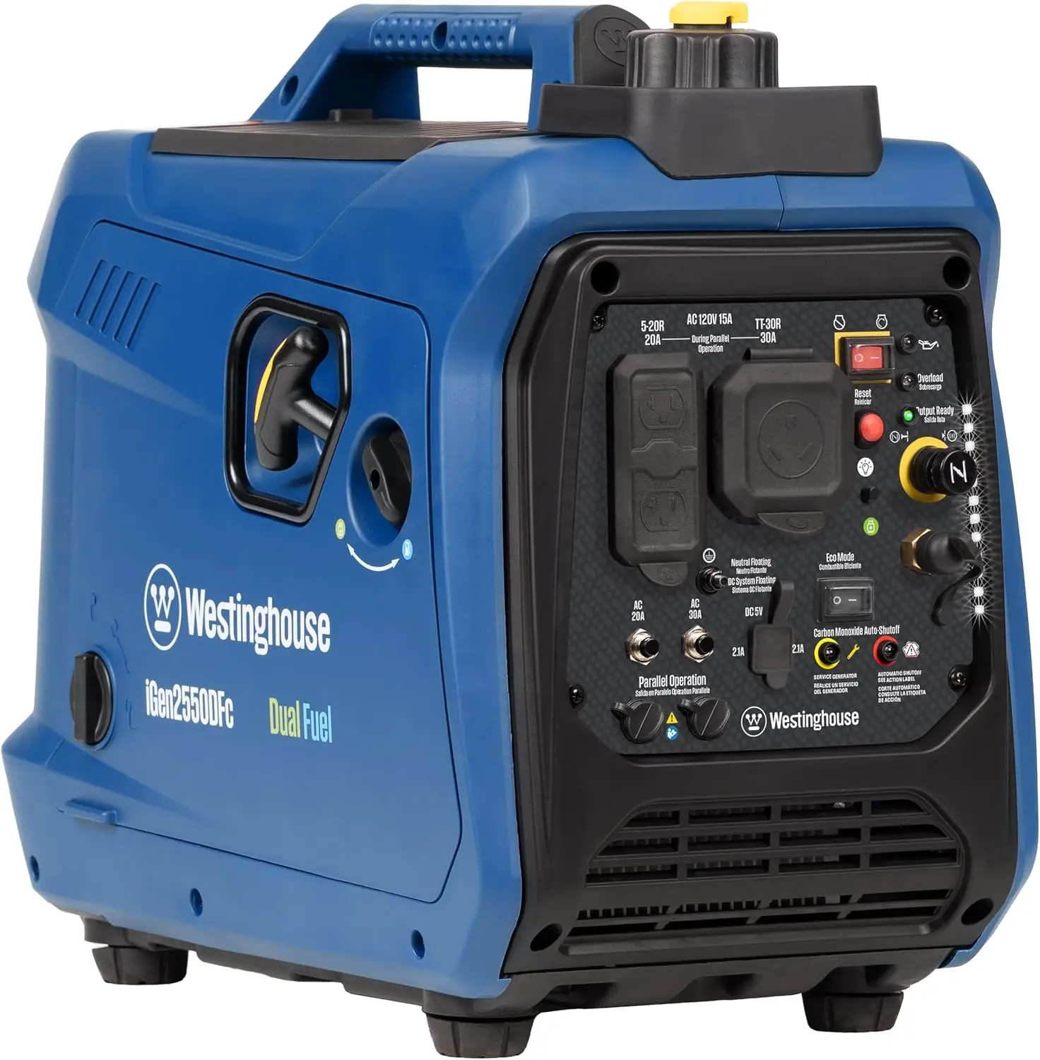 

2550 Peak Watt Super Quiet & Lightweight Portable Inverter Generator RV Ready 30A Outlet Gas & Propane Powered CO Sensor