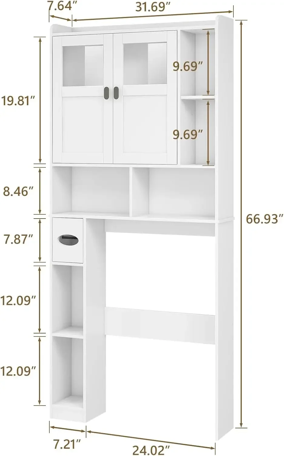 Over The Toilet Storage Cabinet, Bathroom Shelf Over Toilet with Glass Doors and Adjustable Shelves, White Freestanding Home