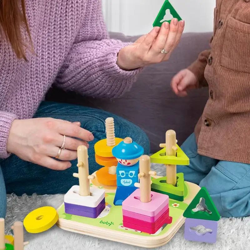 Wooden Sorting Stacking Toys Geometric Shape Matching Stacking Toy Smooth Edges Learning Toy For Outdoors Home School