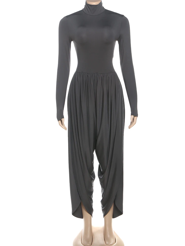 Macheda シンプルカジュアルオフィススタイルジャンプスーツ女性秋トレンドタートルネックフルスリーブストリートソリッドベーシックシャーリングエレガントオーバーオール