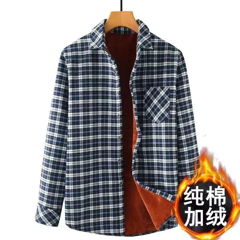 Men Autumn Winter New Square Collar Cardigan Fashion Simple Plaid Leisure Shirt Button Pockets Spliced Fleece Long-sleeved Tops