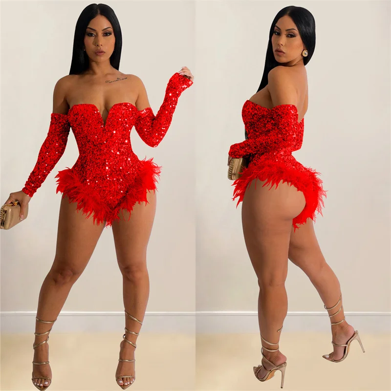 

Feathers Sequins Playsuit Women Sexy V Cut Strapless Off Shoulder Long Sleeve Club Party Romper Female Birthday Jumpsuits