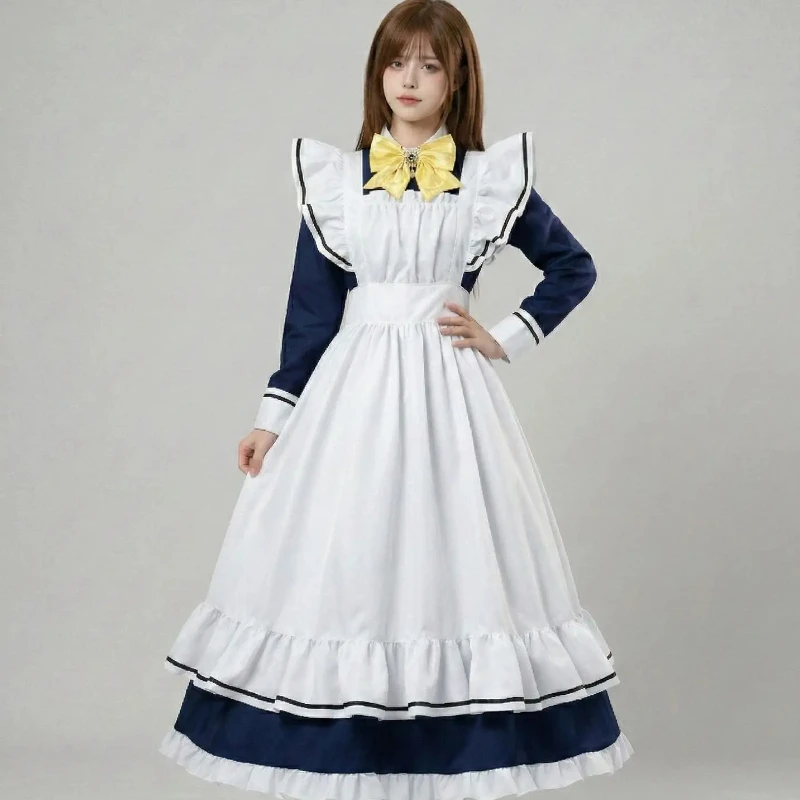 Dienstmädchenkleid mit langen Ärmeln, Rüschen-Schürze, Cosplay-Kostüm, Halsornament, Kopfbedeckung, Beinring, Lolita-Kleidungssets für Erwachsene Frauen