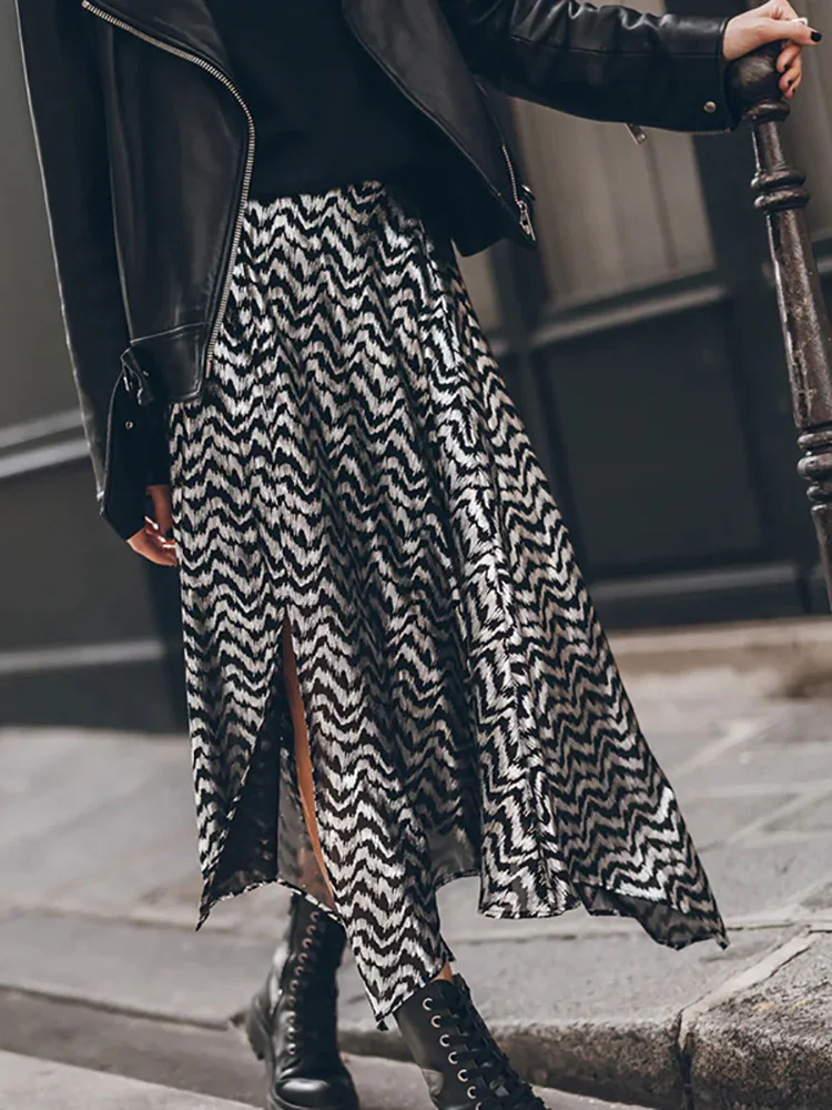 Women Print Patchwork Slit Elastic Waist Skirt Casual Lady Streetwear Vintage Long Skirt Spring Summer Loose Ankle-Length Skirt
