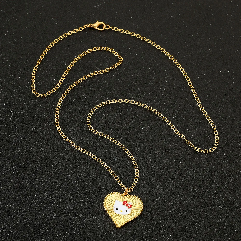 Anime Sanrio Hello Kitty Necklace Cartoon Figure KT Cat Heart Shape Metal Golden Pendant Necklace Kawaii Jewelry Accessories