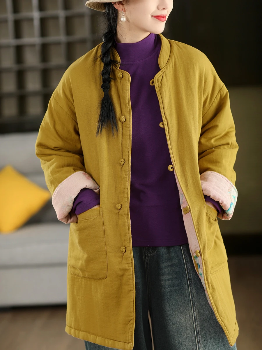 

Double-Sided Wear Retro Print Cotton Jaet Women's Warm Cotton Padded Stand Collar Long Sve Mid-Length Coat