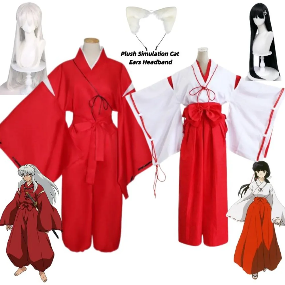 Anime Inuyasha Cosplay Kostüm Kikyo Rollenspiel Perücke und roter japanischer Kimono Komplettset Kleidung für Männer Frauen Comic Con Party