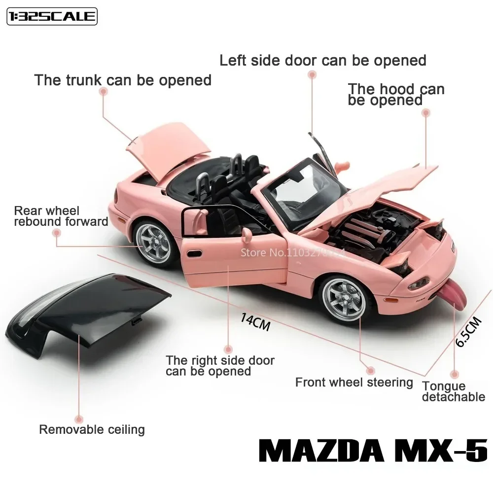 1/32 Mazda MX5 시뮬레이션 합금 장난감 자동차 모델, 다이캐스트 금속, 소리와 빛이 있는 풀백 시리즈, 어린이 선물 컬렉션