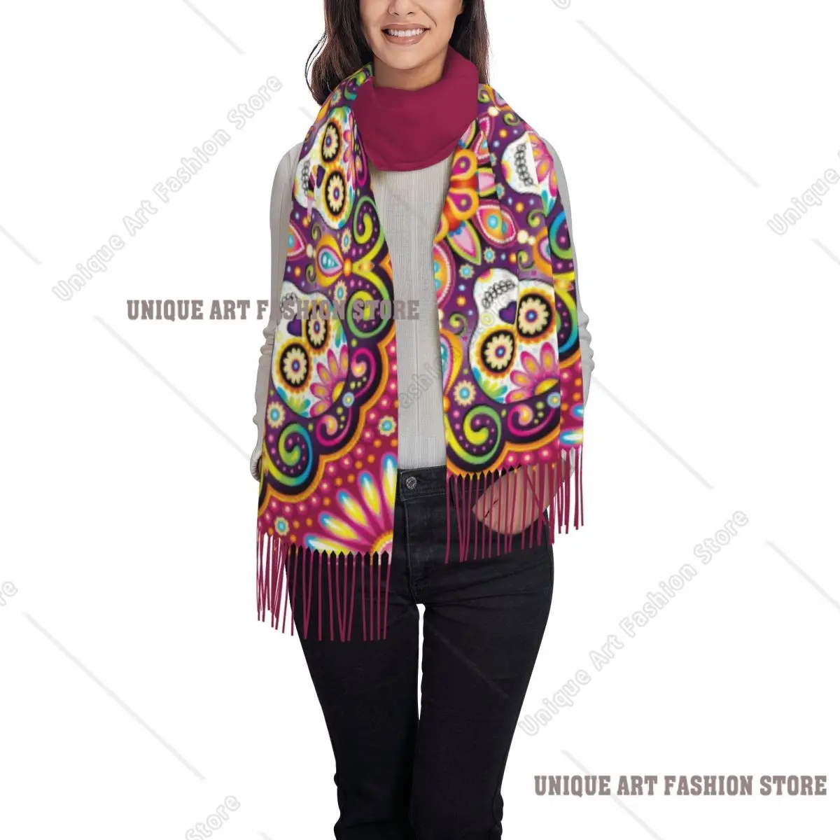 Custom Mexican Sugar Skull Mandala Tassel Scarf Women Winter Warm Shawls Wraps Lady Halloween Day Of The Dead Scarves