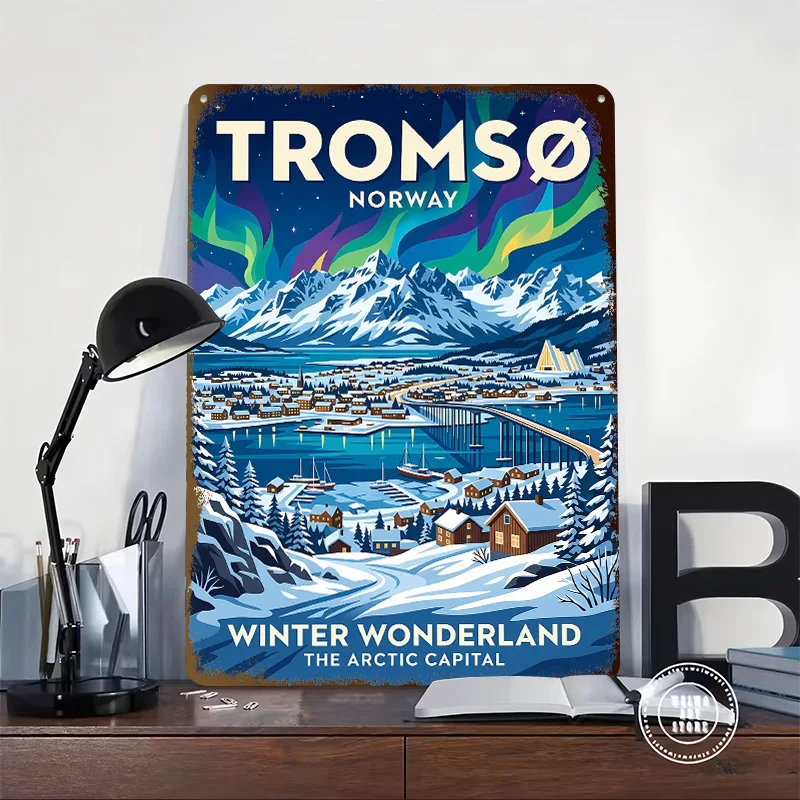 Troms?? Norway Winter Wonderland Poster Retro 3D Printed Metal Signs Customized Wall Hanging Gift for Room Decoration Wand Deko