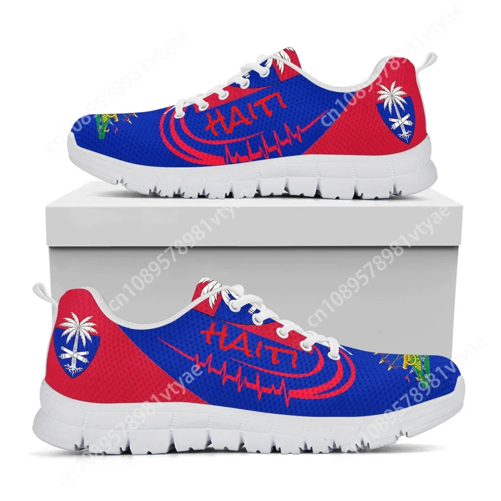 Woman White Bottom Lace Up Sneakers Haiti Flag Design Comfortable Brand Running Shoes Casual Walking Shoes Soft Non-slip Flats