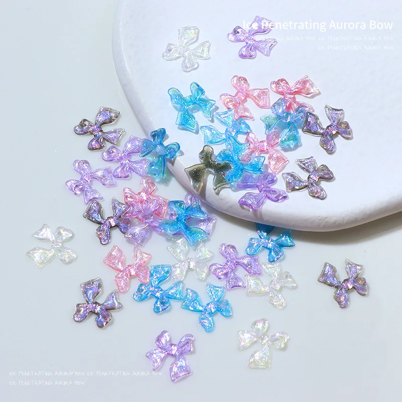 50pcs/lot Nail Enhancement Fine Flashing Bowknot Jewelry Ice Penetrating Aurora Silver Bowknot Nail Accessories Resin Nail