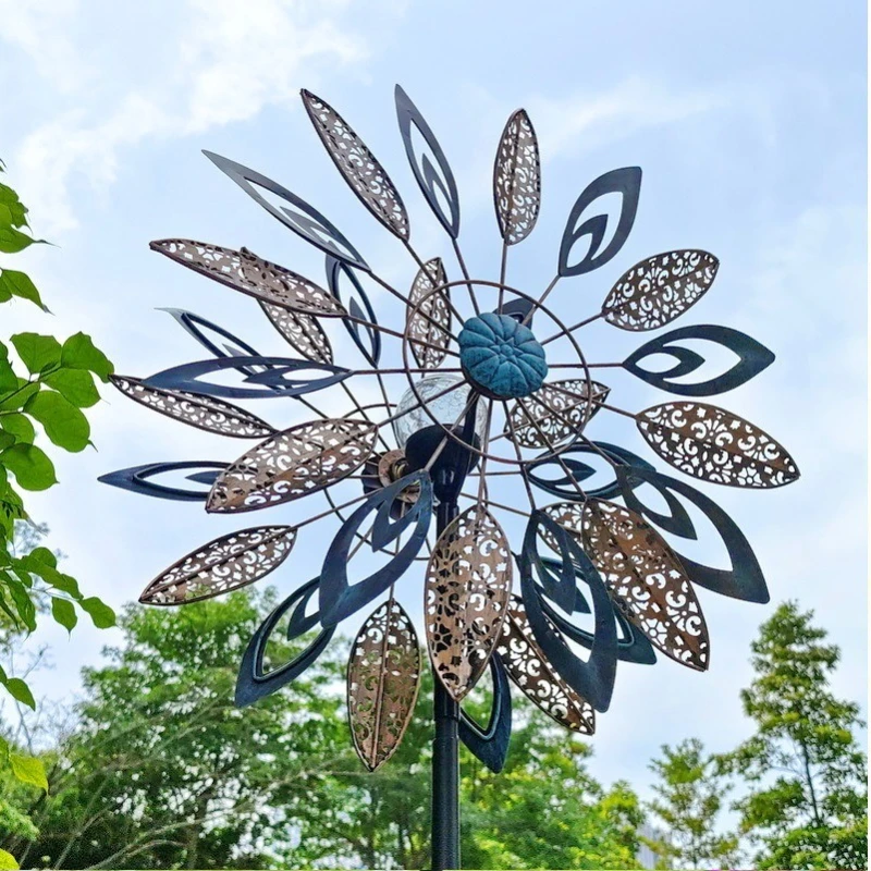 360° Rotating Metal Wind Spinner Iron Patterned Leaves Garden Decor Outdoor Patio Pinwheel with Solar Lights Yard Art for Lawn