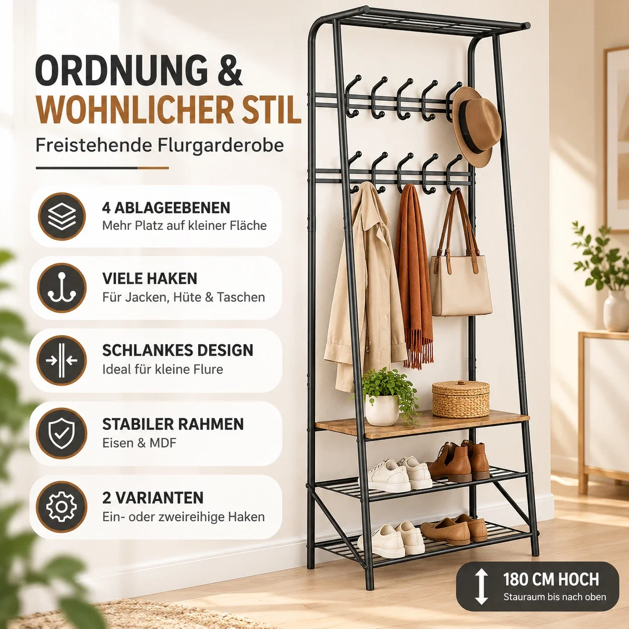 Armadio da guardaroba con ripiano per scarpe, organizer da corridoio a 4 livelli con ganci, scaffale da guardaroba in metallo, armadio da corridoio in ferro e MDF per ingresso, camera da letto,