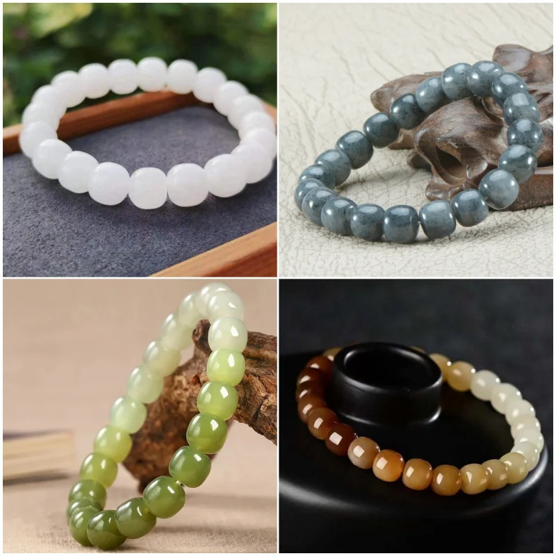 NaturalHetian Brown Jade Gradient Color Old Beads Single Ring Bracelet Men's and Women'sRoot Pink Multiple