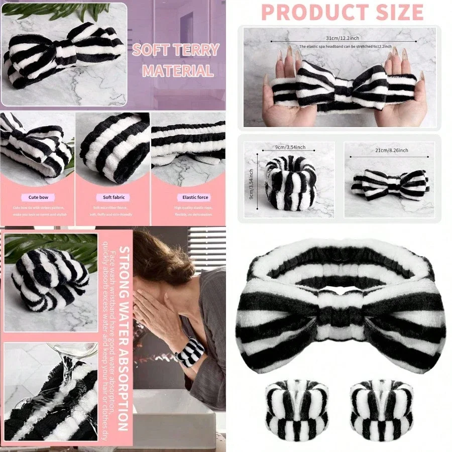 

Мягкий комплект из махровой повязки на голову и повязок на запястья для женщин, для спа-процедур, умывания лица и укладки волос