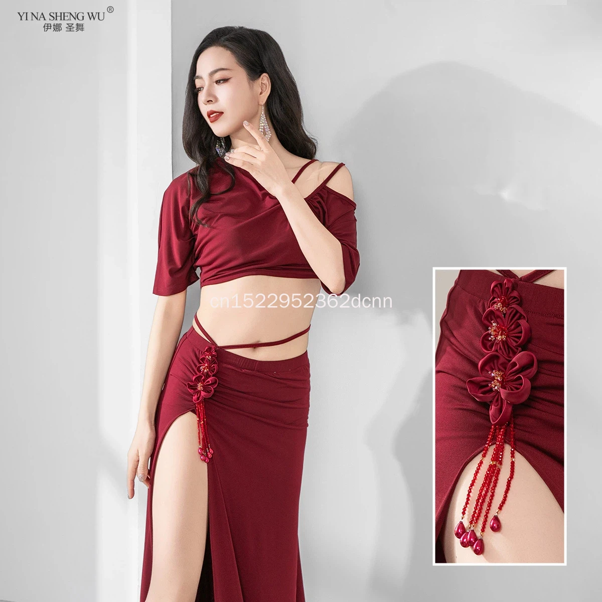 

Профессиональный комплект костюмов для танца живота для женщин, наряд для выступлений с топом с короткими рукавами и длинной юбкой, одежда из 2 предметов для восточных танцев