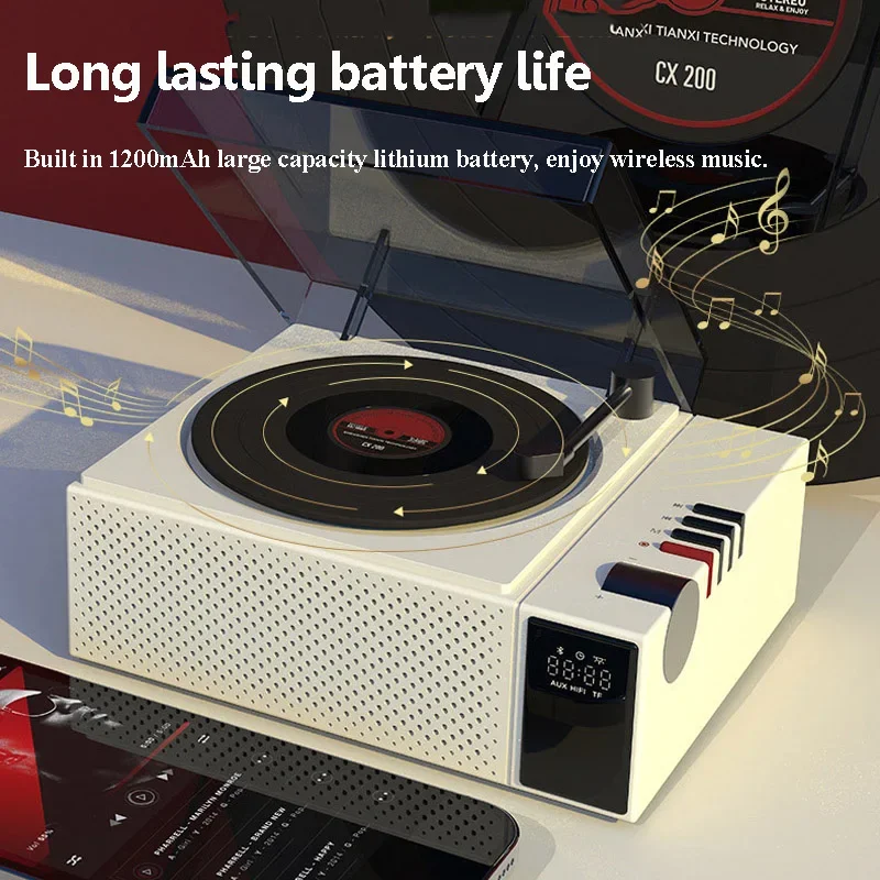 CX-200 alto-falantes portáteis bluetooth sem fio leitor de música relógio subwoofer atmosfera lâmpada retro nostálgico record player alto-falantes